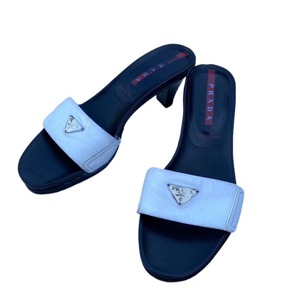 Auth Prada Milano leather logo slipper slide sandals Italy black kitten heels